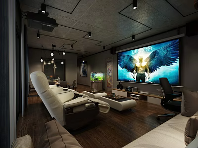 Modern Home Theater Room With Comfortable Seating Large Projection Screen And Wooden Flooring 3d model
