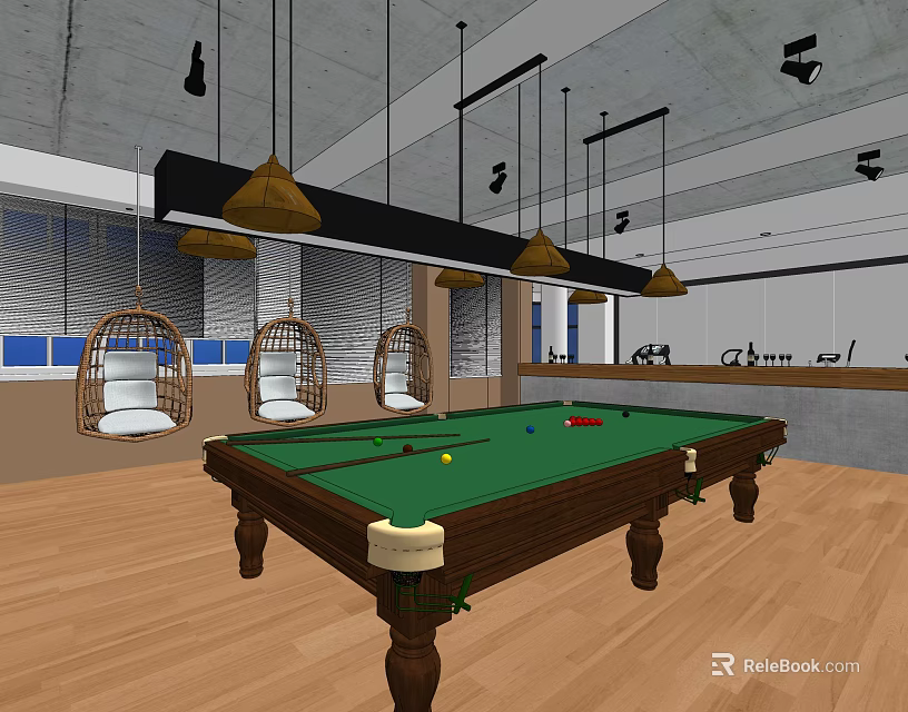 Billiard Room Interior Design With Green Felt Table Chairs And Pendant Lights 3d model 