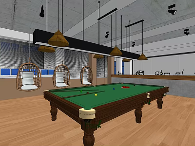 Billiard Room Interior Design With Green Felt Table Chairs And Pendant Lights 3d model