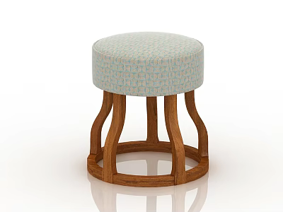Round Modern Stool With Light Blue Padded Seat Geometric Pattern And Curved Wooden Legs 3d model