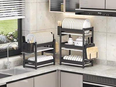 Modern Kitchen Cabinets With Black Shelves Holding Plates Bowls Knives And Cutting Board By Window 3d model