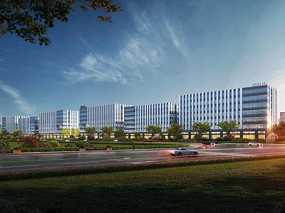 Modern Office Buildings With Greenery Road Vehicles And Blue Sky 3d model