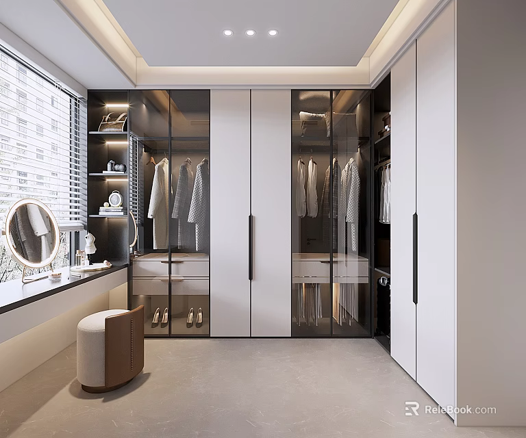 Modern Walk in Closet Interior Design With Glass Cabinets Mirror Hanging Rods And Storage Space 3d model 