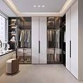 Modern Walk in Closet Interior Design With Glass Cabinets Mirror Hanging Rods And Storage Space