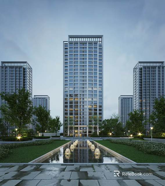 Modern High Rise Residential Building With Surrounding Greenery Water Features And Lighting 3d model 