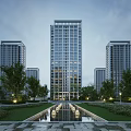 Modern High Rise Residential Building With Surrounding Greenery Water Features And Lighting