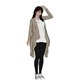 Woman Wearing Beige Long Cardigan White Top Black Leggings White Sneakers Front And Back View