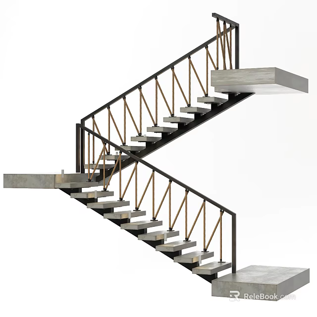Modern Floating Staircase With Black Metal Railing And Concrete Steps 3d model