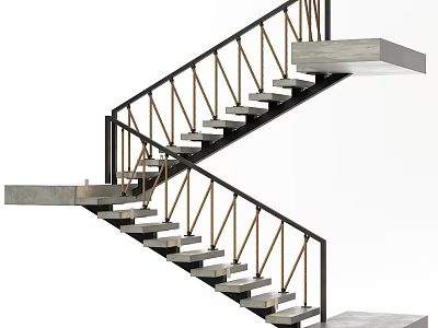 Modern Floating Staircase With Black Metal Railing And Concrete Steps 3d model