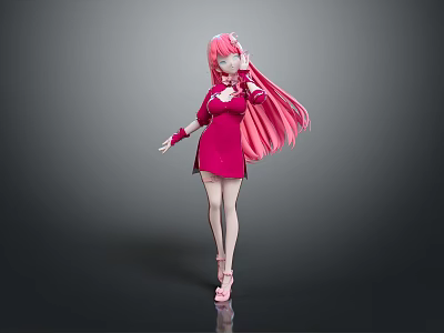 Game Movie Female Character With Pink Long Hair In Red Dress And High Heels Pose 3d model