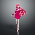 Game Movie Female Character With Pink Long Hair In Red Dress And High Heels Pose