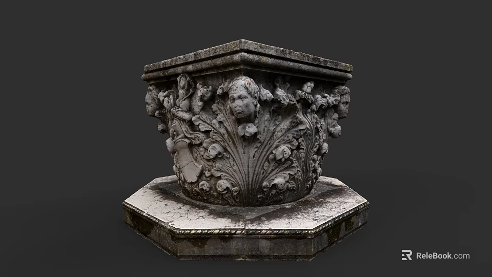 Ceramic Vessel With Intricate Carved Floral Designs And Human Faces On Octagonal Base 3d model 