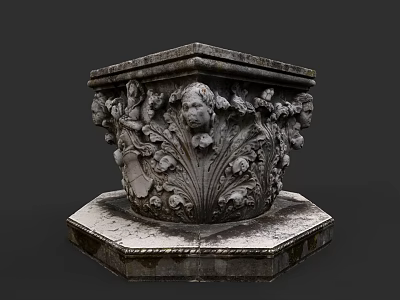 Ceramic Vessel With Intricate Carved Floral Designs And Human Faces On Octagonal Base 3d model