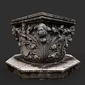 Ceramic Vessel With Intricate Carved Floral Designs And Human Faces On Octagonal Base