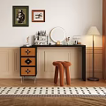 Modern Dressing Table With Round Mirror Orange Stool Floor Lamp And Framed Paintings