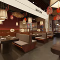 Japanese Restaurant Interior With Traditional Decor Red Lanterns Wooden Tables And Booth Seating