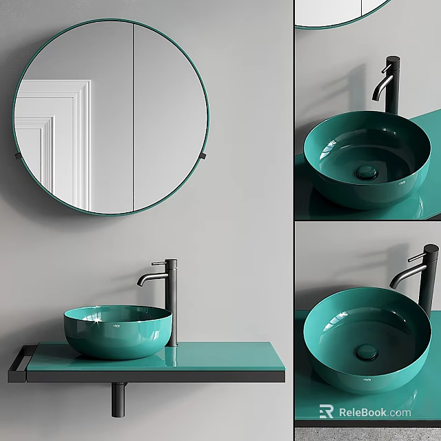 Modern Bathroom Washbasin with Green Basin Black Faucet and Round Mirror 3d model 