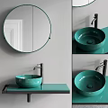 Modern Bathroom Washbasin with Green Basin Black Faucet and Round Mirror