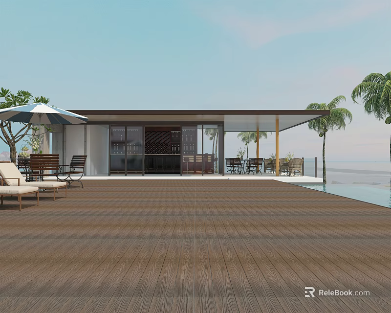 Modern Wooden Outdoor Deck With Swimming Pool Palm Trees And Lounge Furniture 3d model 