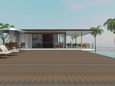 Modern Wooden Outdoor Deck With Swimming Pool Palm Trees And Lounge Furniture 3d model