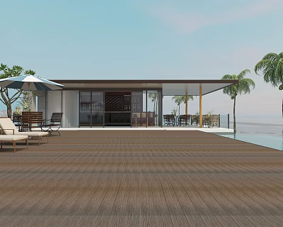 Modern Wooden Outdoor Deck With Swimming Pool Palm Trees And Lounge Furniture 3d model