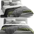 Modern Double Bed With Layered Gray Green Blankets And White Pillows 3d model