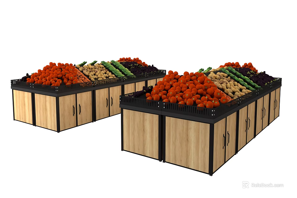 Sturdy Wooden Display Shelves With Fresh Fruits Vegetables And Organized Storage Bins 3d model 
