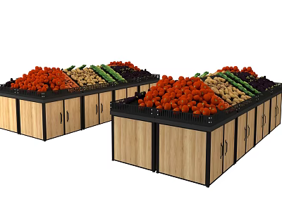 Sturdy Wooden Display Shelves With Fresh Fruits Vegetables And Organized Storage Bins 3d model