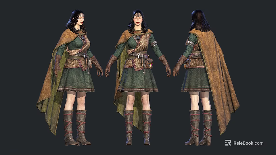 Medieval Woman Character Design With Green Dress Brown Cape And Leather Boots 3d model 