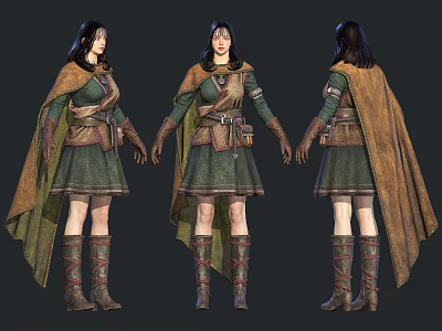 Medieval Woman Character Design With Green Dress Brown Cape And Leather Boots 3d model
