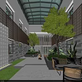 Modern Hotel Atrium Design With Glass Skylight Trees Green Plants And Sofa Seats