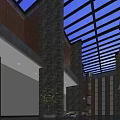 Spacious Hall Interior With Glass Roof High Ceiling Red Brick Walls And Green Plants
