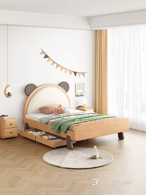 Wooden Kids Bed With Upholstered Cartoon Ear Headboard Storage Drawers And Cozy Decor 3d model 