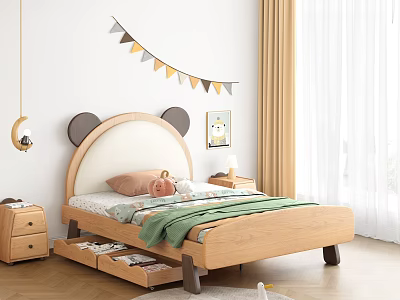 Wooden Kids Bed With Upholstered Cartoon Ear Headboard Storage Drawers And Cozy Decor 3d model