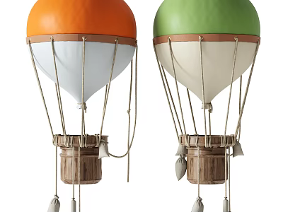 Colorful Hot Air Balloons With Orange Green Tops White Bases And Wooden Structures 3d model
