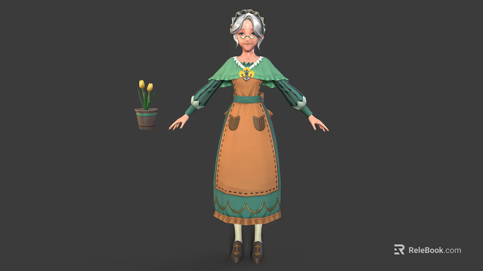 Elderly Woman In Green And Orange Clothing With Yellow Tulips In Flower Pot 3d model 