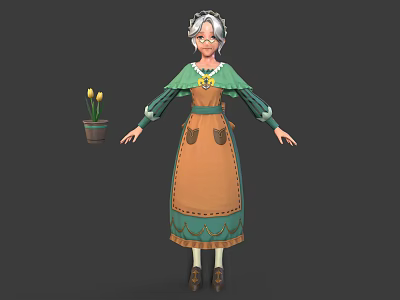 Elderly Woman In Green And Orange Clothing With Yellow Tulips In Flower Pot 3d model
