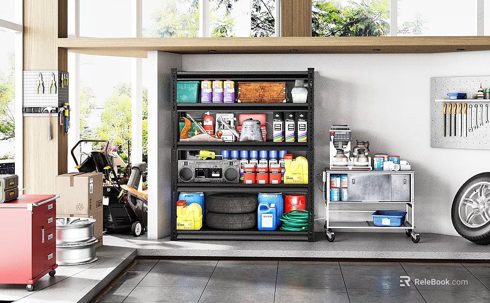 Organized Garage Space With Shelving Unit Tools Cleaning Supplies And Metal Cart 3d model 
