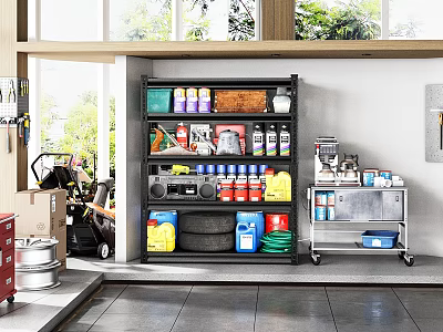 Organized Garage Space With Shelving Unit Tools Cleaning Supplies And Metal Cart 3d model