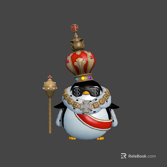 Penguin King Wearing Ornate Crown And Royal Attire Holding Golden Scepter 3d model 