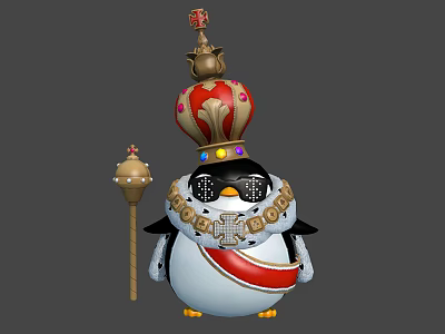 Penguin King Wearing Ornate Crown And Royal Attire Holding Golden Scepter 3d model