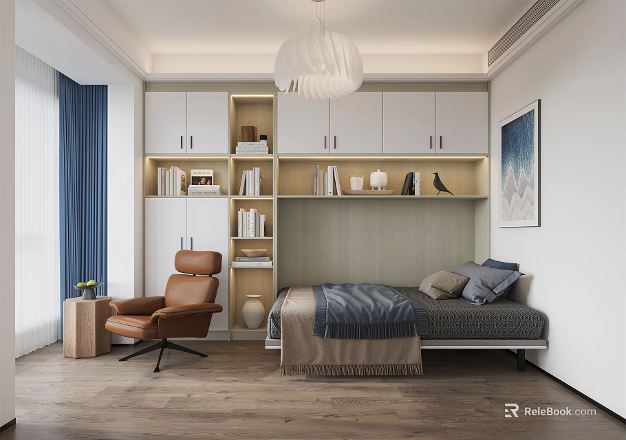 Modern Tatami Bedroom Interior With Built in Bookshelves Brown Chair And Blue Curtains 3d model 