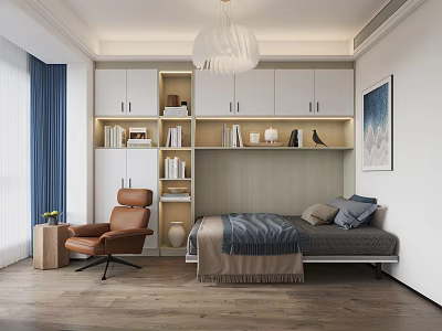 Modern Tatami Bedroom Interior With Built in Bookshelves Brown Chair And Blue Curtains 3d model