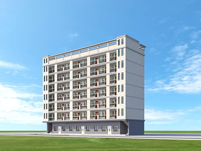 Multi Storey Industrial Factory Building With White Exterior Windows Balconies And Green Lawn 3d model