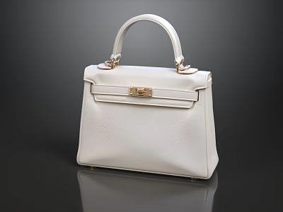 White Textured Leather Handbag With Classic Design Gold Lock Top Handle 3d model