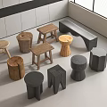 Various Modern Wooden Stools With Different Shapes And Designs In Interior 3d model