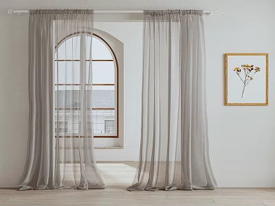 Gray Sheer Curtains Covering Arched Window in Bright Room with White Walls and Wooden Floor 3d model