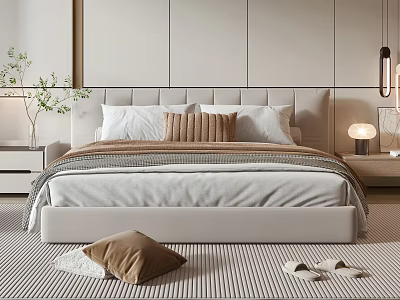 Modern Double Bed Bedroom Interior With Upholstered Headboard Pillows And Nightstand Lamp 3d model