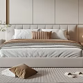 Modern Double Bed Bedroom Interior With Upholstered Headboard Pillows And Nightstand Lamp