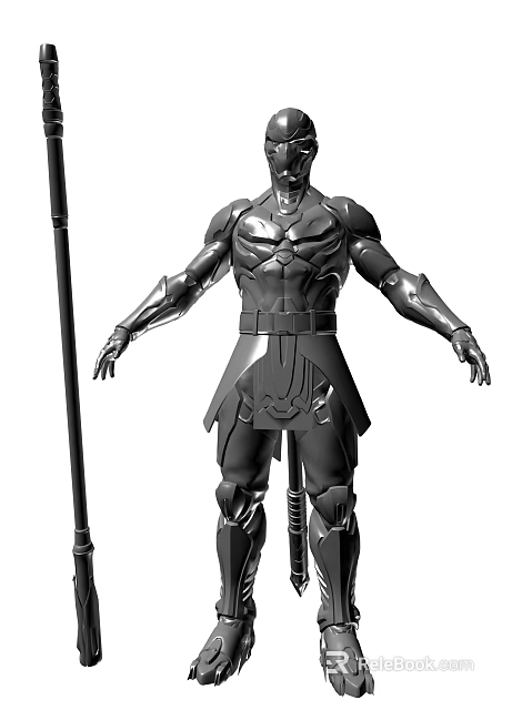 Game Movie Character With Detailed Metallic Armor And Polearm Weapon Standing Pose Design Details 3d model 